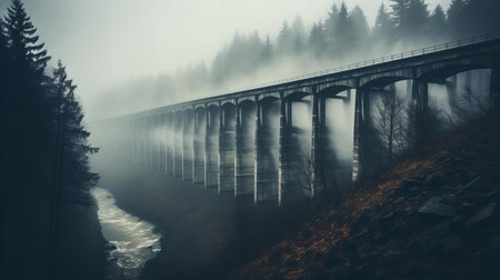 Mystical Viaduct in a Foggy Forest Landscape Reflecting on a Calm Riverの素材