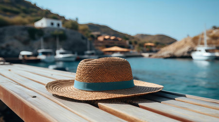 Serene Marina View with Woven Straw Hat Resting on a Sunny Wooden Dockの素材