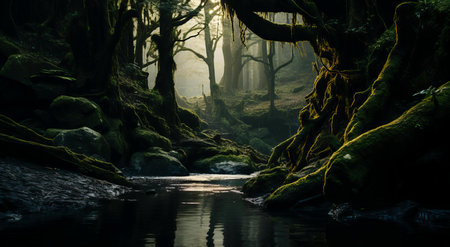 Mystical Forest Creek Flowing Through Sunlit Moss-Covered Trees in Serene Wildernessの素材