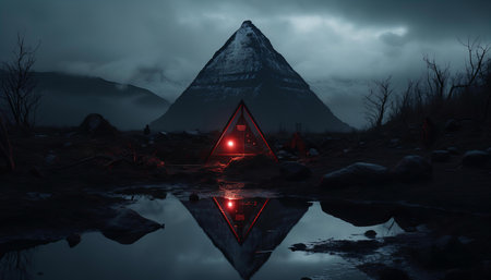 Mystical Red Triangle Illuminates a Dark Landscape Under a Snow-Capped Mountain at Nightの素材