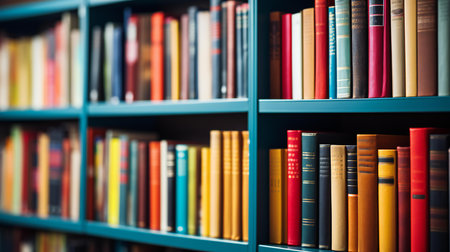 Colorful Array of Books on Modern Shelves in Library Close-up Viewの素材