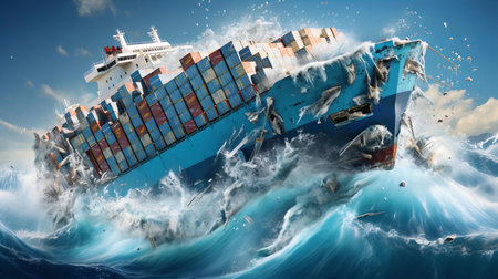 Catastrophic Ocean Storm Wreaks Havoc on Cargo Ship and Scatters Shipping Containersの素材