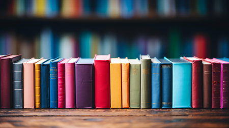 A Spectrum of Knowledge: Colorful Book Spines Lined Up on a Wooden Shelfの素材