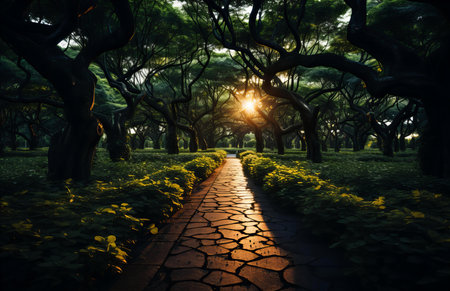 Mystical Dawn in an Enchanted Forest Pathway with Sunlight Peeking Throughの素材