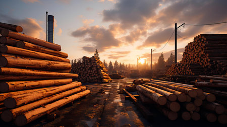 Golden Sunset Over Lumberyard with Stacked Timber Logs and Industrial Silhouetteの素材