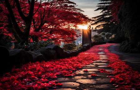 Serene Pathway Adorned with Crimson Autumn Leaves at Sunset in a Tranquil Gardenの素材