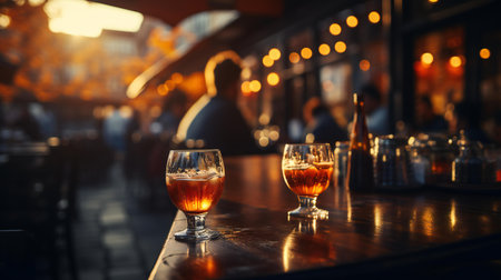 Evening Ambiance with Golden Cocktails on a Bar Counter as People Mingle in the Backgroundの素材