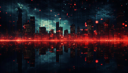Futuristic Metropolis Skyline Bathed in Crimson Hues Reflecting on Water's Surface at Nightの素材