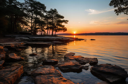 Dawn's Early Light Breaks the Horizon Over a Peaceful Lake Edged by Rocky Shoresの素材