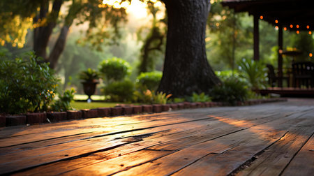 Serene Garden Pathway Lit by Sunset Glow Leading to a Cozy Wooden Porch Retreatの素材
