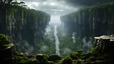Mysterious Verdant Cliffs Shrouded in Mist Reveal a Hidden Waterfall in Pristine Wildernessの素材