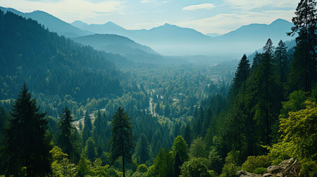 Verdant Valley Overlook: A Majestic View of Misty Mountains Amidst a Forest Canopyの素材
