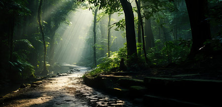 Ethereal Sunbeams Filtering Through a Verdant Forest Path in Tranquil Morning Lightの素材