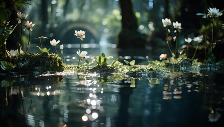 Ethereal Water Garden: White Water Lilies Blooming Serenely on a Tranquil Reflective Pondの素材