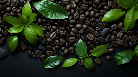 Fresh Green Coffee Leaves Resting Among Roasted Beans on Dark Background - Nature Meets Aromaの素材