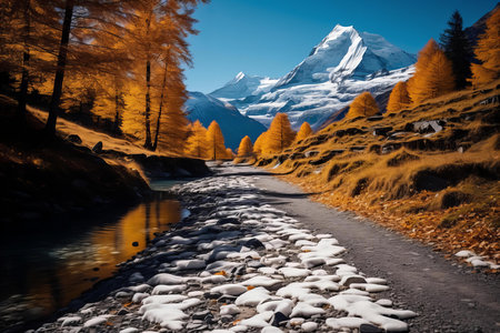 Majestic Snow-Capped Mountain Towering Over Golden Autumn Trees and Serene River Landscapeの素材