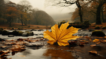 Autumn Leaves Adorn Tranquil River in a Serene Forest Landscape at Duskの素材