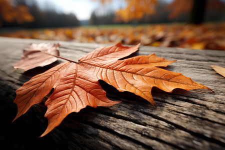 Autumn Leaf Resting on Weathered Wooden Surface with Blurred Fall Foliage Backgroundの素材