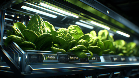 Fresh Organic Lettuce Growing Lushly Under LED Lights in a Modern Indoor Hydroponic Farmの素材