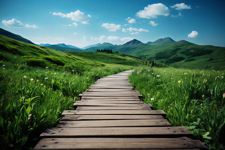 Serene Pathway Through Vibrant Green Hills Under a Clear Blue Skyの素材