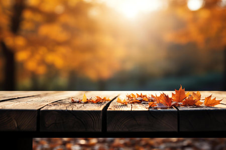 Autumn Leaves Resting on a Wooden Table Against a Soft Golden Sunset in the Parkの素材