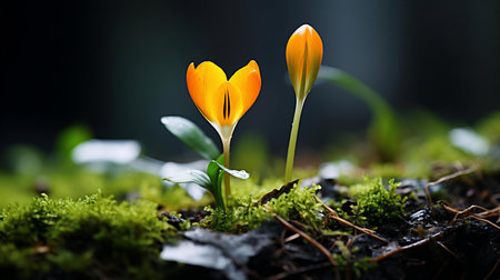 Delicate Crocus Flowers Emerge, Radiant and Bold, Against a Soft Forest Floor Backdropの素材