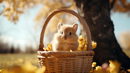 Adorable Fluffy Kitten Peeking Out of a Wicker Basket Amongst Spring Blossoms in Sunlightの素材