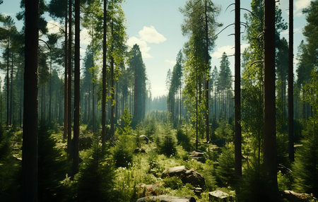 Serene Forest Pathway Basking in Sunlight, a Tranquil Journey Through Nature's Splendorの素材