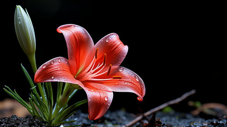 Solitary Red Lily Blooming with Fresh Dew Against a Mysterious Dark Backgroundの素材