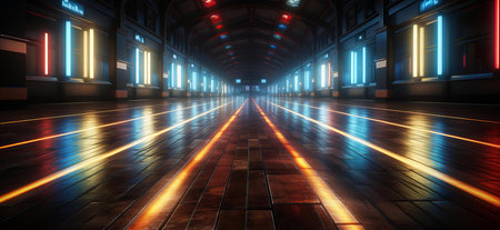 Futuristic Corridor Aglow with Neon Lights Reflecting on Sleek High-Tech Polished Floorの素材