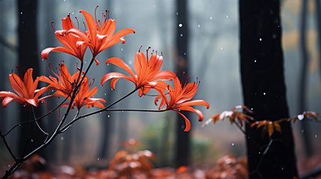 Vibrant Tiger Lilies Gleaming with Raindrops in a Misty Forestの素材