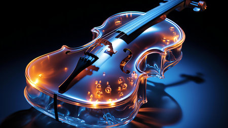 Illuminated Glass Violin Glows with Warm Light Against a Dark Blue Backdropの素材