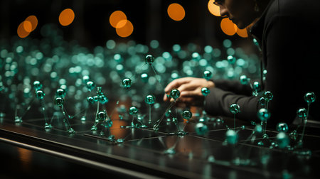 A Person Interacting with a Complex Network of Glowing Spheres in Darknessの素材