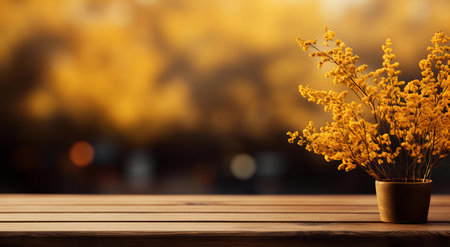 Golden Hour Serenity with Vibrant Yellow Flowers in a Rustic Pot on Wooden Surfaceの素材