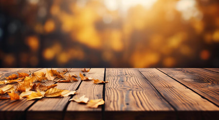 Autumnal Serenity Captured on a Wooden Table Adorned with Fallen Leavesの素材
