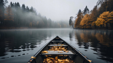 Autumn Canoe Journey: Tranquil Waters and Misty Forest with Fallen Leaves in a Silent Coveの素材