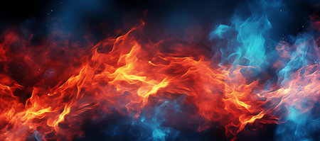 A Vivid Dance of Elemental Fury: Blue and Red Flames Engulfing the Darknessの素材