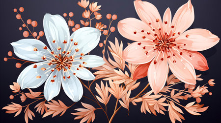 Elegant Floral Artwork: Pastel Hued Blossoms and Foliage on a Deep Midnight Blue Backdropの素材
