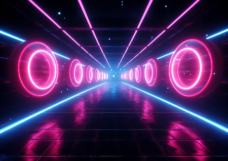 Neon Lights and Circles Lead the Eye Through a Futuristic Sci-Fi Corridorの素材