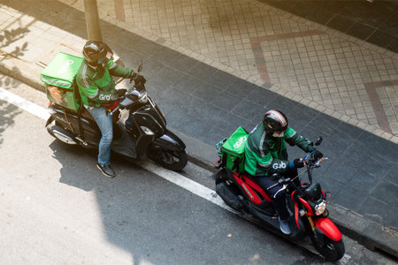 Grab food is food delivery service in Bangkok city,Thailand,March 30,2020