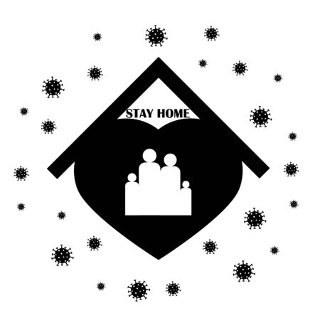 Keep calm and stay home concept vector illustration. Quarantine motivational poster. Family of adults and kids stay at home to reduce risk of infection and spreading the virus.のイラスト素材