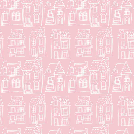 Vector seamless pattern with the image of vintage monochrome houses on a pink background. Design for printing postcards, posters, leaflets, bedding, wrapping paper, fabric.のイラスト素材