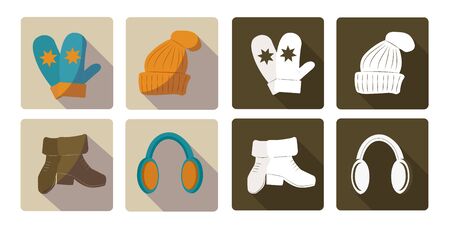 Winter outdoor activity Accessories, color graphical elements, icons: Mittens, Hat Boots earmuffsのイラスト素材
