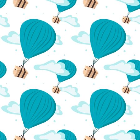 Hot air balloons with delivery boxes. Seamless pattern of shipping goods by air. Design for print.のイラスト素材