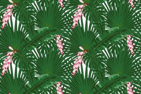 Vector seamless pattern of tropical leaves, floral tropical natural elements. Exotic flowers, twigs and leaves. Botanical background for printing on fabric, clothes, beddingのイラスト素材