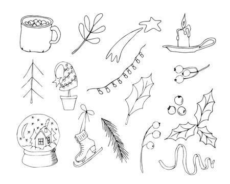 Christmas doodles. Hand drawn xmas illustrations. Winter and New Year black outline icons. Modern design elements for holiday greeting card, gift tag, label, sticker, banner, poster, postcardのイラスト素材