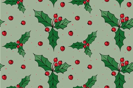 Winter seamless vector pattern with holly berries. Part of Christmas backgrounds collection. Can be used for, pattern fills, surface textures, fabric prints, greeting cards, wrapping papers .のイラスト素材