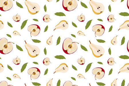 Vector seamless pattern with the image of halves of a red apple and pear, green leaf. Colorful design for print menus, recipes, cards, invitations, fabrics, clothes, wrapping paper..のイラスト素材