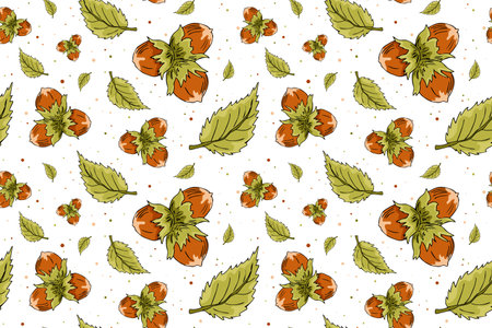 Vector seamless pattern with hazelnuts and leaves. Hazelnut nuts hand drawn sketch. Organic healthy food. Modern background for packaging, ads, textile, labels and other designs.のイラスト素材