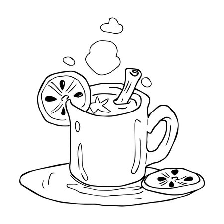 Vintage tea cup drawing outline hand drawn sketch line art doodle vector illustration.のイラスト素材
